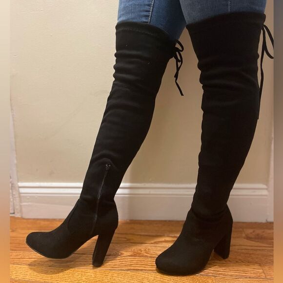 High heel Knee high solid black soft suede boots tie up autumn party block heels - Picture 3 of 13